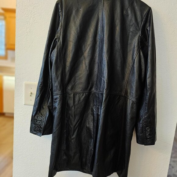 American Eagle Outfitters -  Long Black Leather Coat - Buttons Up - Lined  -Sz L - Picture 5 of 9